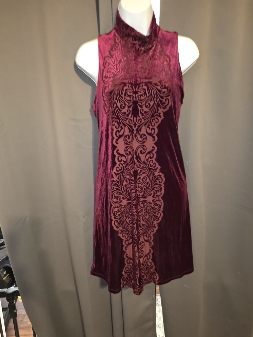 Maurices Sleeveless Velvet Dress in Burgundy with Flocked Damask Panel